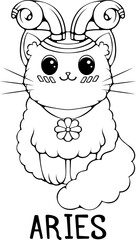 Aries cute cartoon astrology sign of the zodiac sitting cat. Character in kawaii style. Vector illustrations in hand drawn sketch style isolated on white. Black outline graphic. Funny cat horoscope