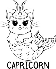 Capricorn cute cartoon astrology sign of the zodiac cat. Character in kawaii style. Vector illustrations in hand drawn sketch style isolated on white. Black outline graphic. Funny cat horoscope