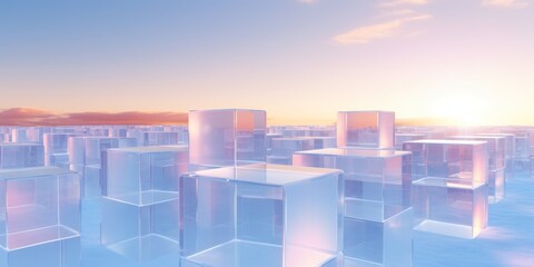 Bounded Square of Thick Glass Cubes with a Stunning Sunset Backdrop, a Creative Art Installation Marrying Modern Design and Natural Beauty