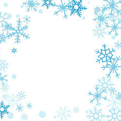 Square winter snow frame with blue snowflakes on a white background. Festive Christmas banner, New Year card. Symbols of frosty winter. Vector illustration.