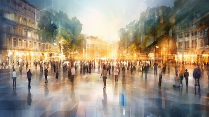 A blurred image of a bustling city square with people  AI generated illustration