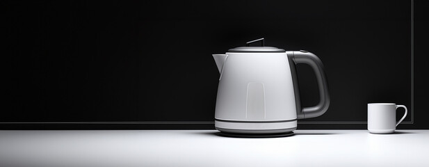 white kettle and cup on countertop and dark background. time for coffee and tea