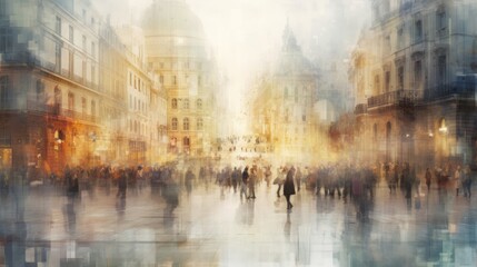 A blurred image of a bustling city square with people  AI generated illustration - obrazy, fototapety, plakaty