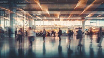 A blurred image of a busy airport terminal with peope  AI generated illustration - obrazy, fototapety, plakaty