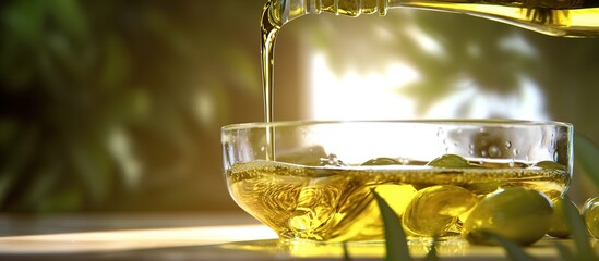 Bottle pouring virgin olive oil in a bowl close up - obrazy, fototapety, plakaty