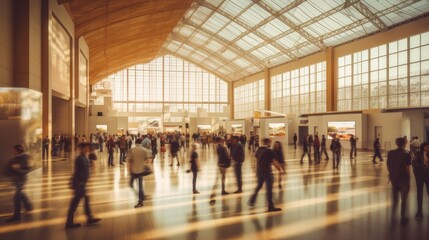 A blurred image of a busy convention centewith people  AI generated illustration