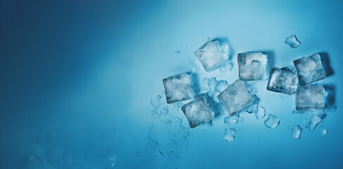 Realistic Ice Cubes and Water Drops on a Blue Background. Top view of melting ice cubes