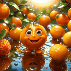 Joyful Tangerine character with a vibrant smile and sparkling eyes, set in a sunny, dew-kissed garden scene