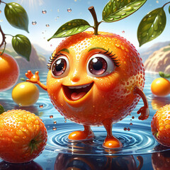 Joyful Tangerine character with a vibrant smile and sparkling eyes, set in a sunny, dew-kissed garden scene