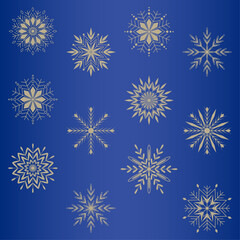 Fototapeta na wymiar Beautiful set gold snowflakes on a blue background for winter design.