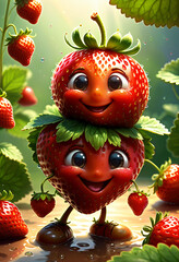 Joyful Strawberry character with a vibrant smile and sparkling eyes, set in a sunny, dew-kissed garden scene