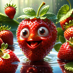Joyful Strawberry character with a vibrant smile and sparkling eyes, set in a sunny, dew-kissed garden scene