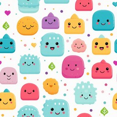 Fototapeta premium Cute Kawaii Faces and Icons Pattern