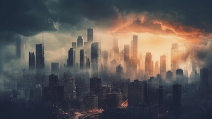 A hazy picture of a city skyline with clouds in the   AI generated illustration