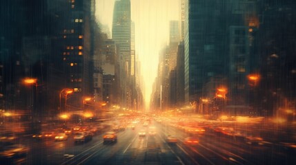 A hazy picture of a city street with buildings  AI generated illustration