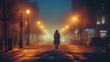 A hazy picture of a person walking through a misty  AI generated illustration