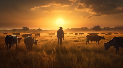 a man standing in a field with a herd of cows  AI generated illustration - obrazy, fototapety, plakaty