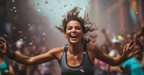 young joyful woman running to the finish line during a marathon