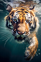 A tiger is swimming in the water.
