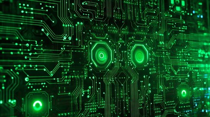 Fototapeta premium A neon green circuit board with glowing symbols AI generated illustration