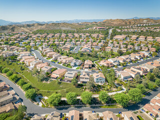 Valencia, California - October 24, 2023: aerial drone photo view toward  West Creek Townhouse in...