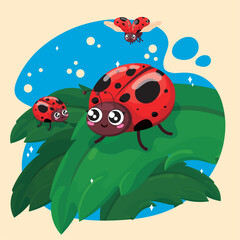 Cute ladybug insects on leaves Vector