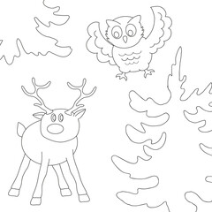 An owl flies out of the fir tree and startles a small deer. Black and white cartoon vector illustration for coloring book.