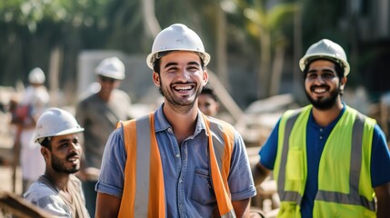 Happy of team construction worker working at construction site. Man smiling with workers in white construction industry - obrazy, fototapety, plakaty