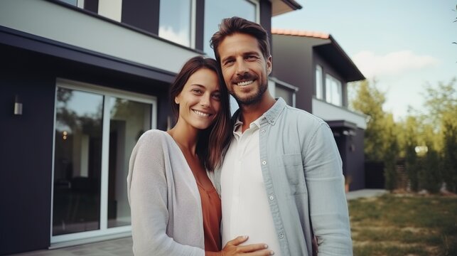 Happy young couple standing in front of new home - Husband and wife buying new house. Real estate concept