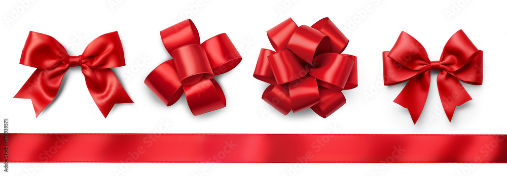 Wall mural set of four bows made from red satin ribbon isolated on a transparent background. regular and round 