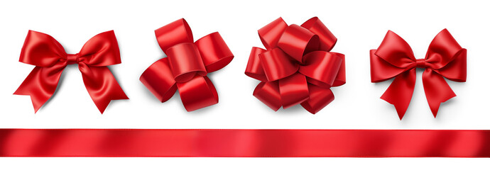 Set of four bows made from red satin ribbon isolated on a transparent background. Regular and round bows. - obrazy, fototapety, plakaty