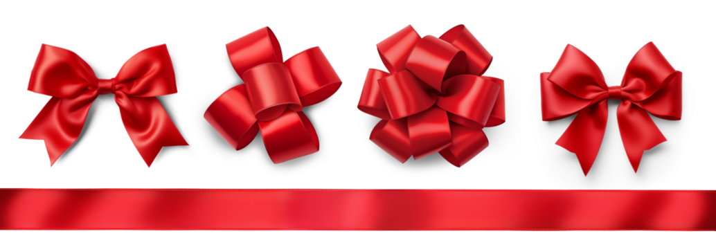 Set of four bows made from red satin ribbon isolated on a transparent background. Regular and round bows.