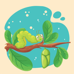 Cute caterpillar insect character on a tree branch Vector
