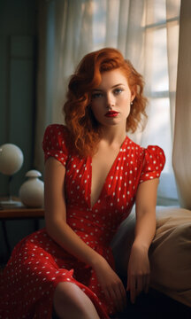 A beautiful red-haired girl in a red polka dot dress sits