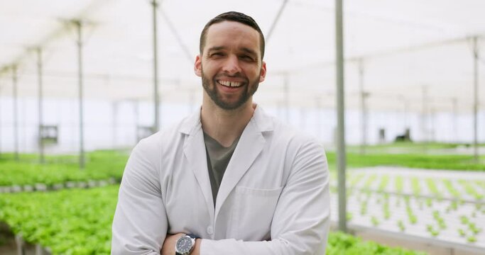 Greenhouse, portrait and research with agriculture, man and botanist with organic vegetables, smile and confidence with science, sustainability and lab coat with scientist, eco friendly and study