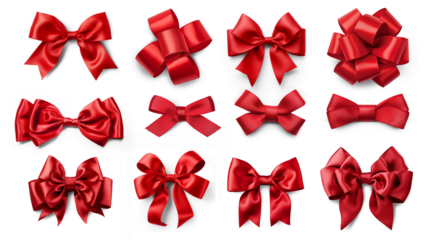 Set of red silk bows isolated on transparent background.