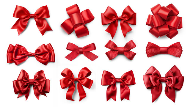 Set of red silk bows isolated on transparent background.