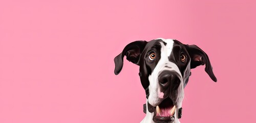 a portrait of a great dane dog with a surprised expression, looking into the camera isolated a pink background.
