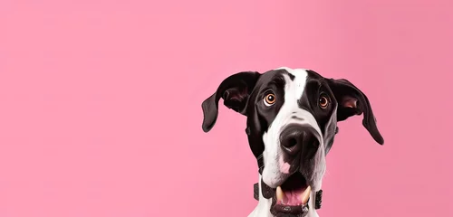 Deurstickers a portrait of a great dane dog with a surprised expression, looking into the camera isolated a pink background.  © png-jpeg-vector