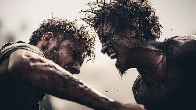 Two men fighting in the mud, AI