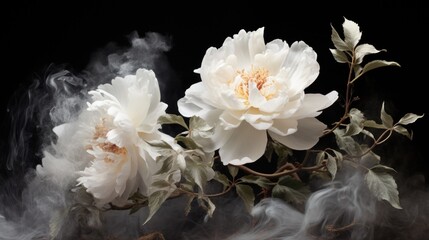 Two white flowers with smoke coming out of them