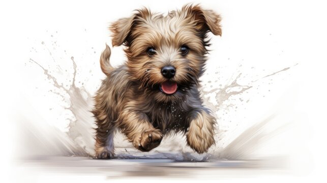 A drawing of a dog running through a puddle of water