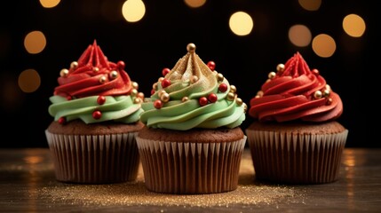 Three cupcakes with frosting and decorations on a table