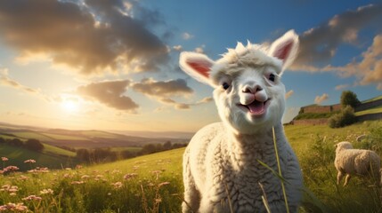 Fototapeta premium A sheep is standing in a field with flowers