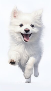 A white dog running with its mouth open