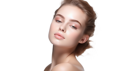 beauty portrait of a cool female caucasian model with brunette hair combed back isolated against transparent background