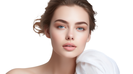 beauty portrait of a cool female caucasian model with brunette hair combed back isolated against transparent background