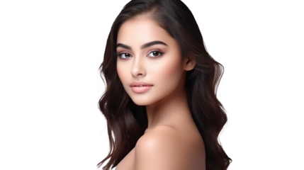 beauty portrait of a cool female indian model with black hair isolated against transparent background