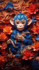 A paper cut monkey surrounded by paper flowers. Generative AI.