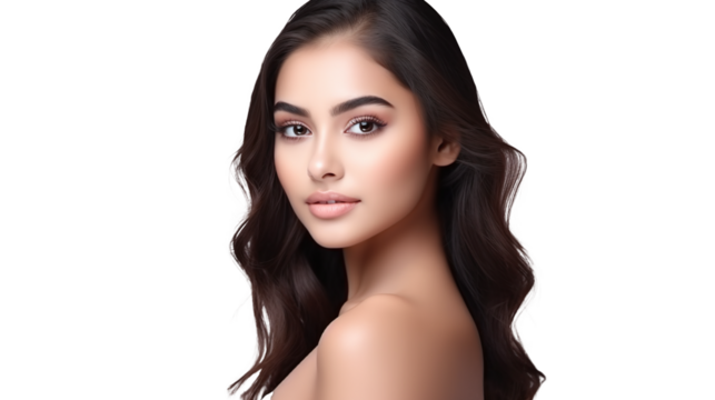 beauty portrait of a cool female indian model with black hair isolated against transparent background